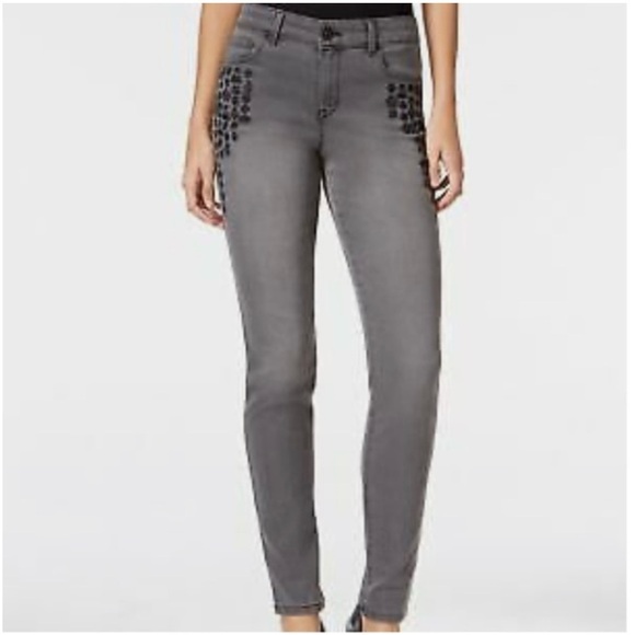 NEW Style & Co Mid Rise Skinny Jeans Women SZ 14 Stretch DARK Gray Embroidery - Picture 1 of 9